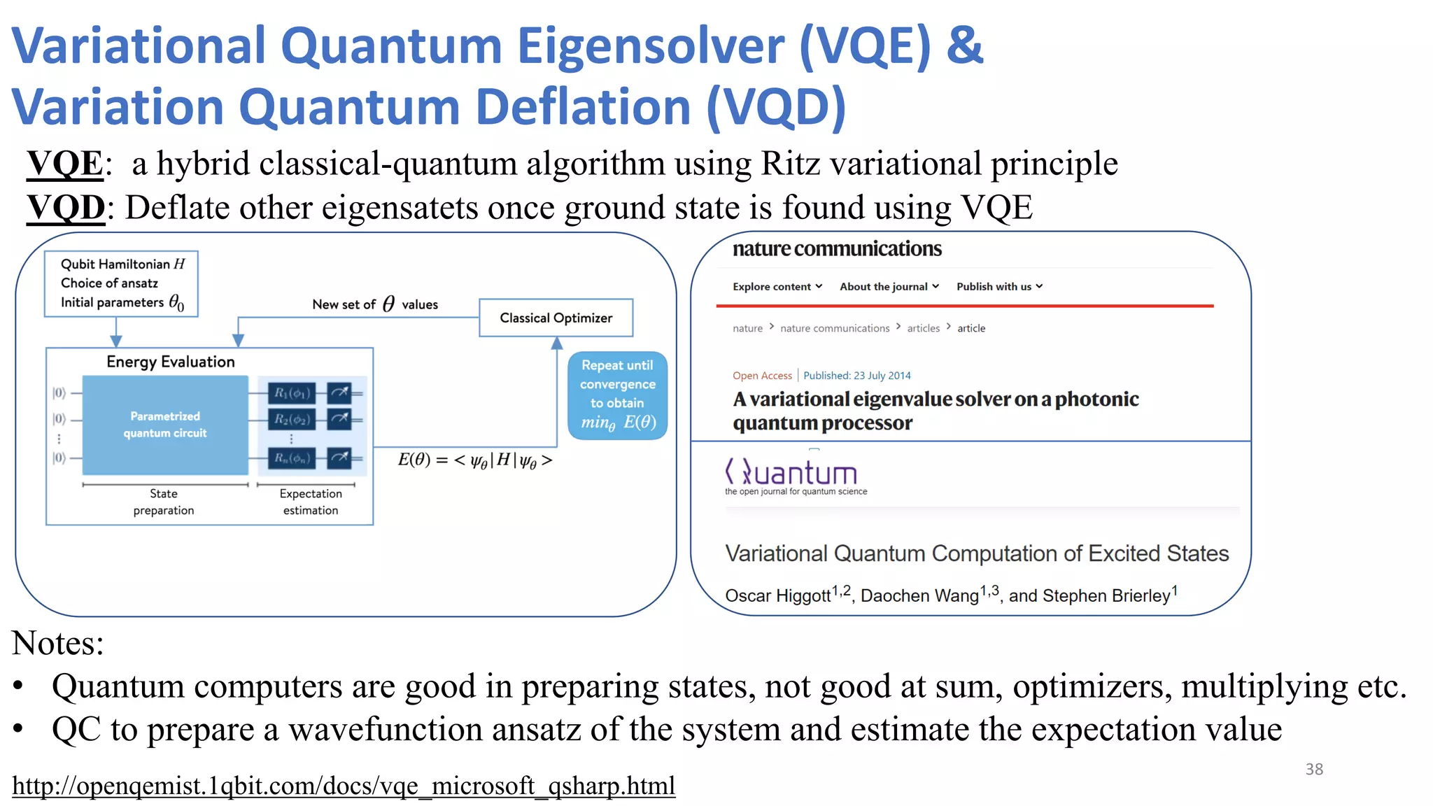 Variational Quantum Eigensolver (VQE) &
Variation Quantum Deflation (VQD)
38
http://openqemist.1qbit.com/docs/vqe_microsoft_qsharp.html
Notes:
• Quantum computers are good in preparing states, not good at sum, optimizers, multiplying etc.
• QC to prepare a wavefunction ansatz of the system and estimate the expectation value
VQD: Deflate other eigensatets once ground state is found using VQE
VQE: a hybrid classical-quantum algorithm using Ritz variational principle
 