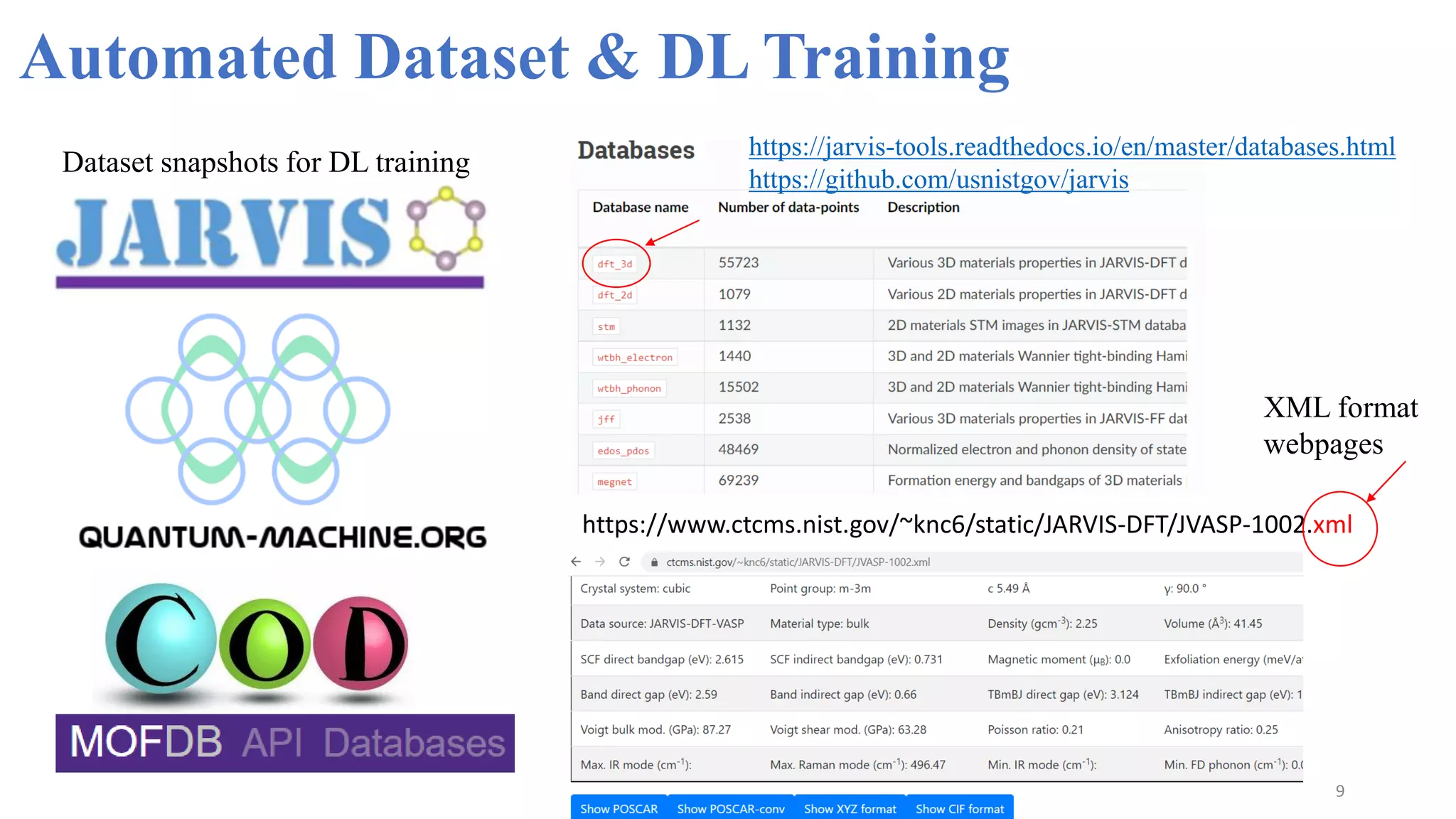 9
Automated Dataset & DL Training
Dataset snapshots for DL training
https://jarvis-tools.readthedocs.io/en/master/databases.html
https://github.com/usnistgov/jarvis
https://www.ctcms.nist.gov/~knc6/static/JARVIS-DFT/JVASP-1002.xml
XML format
webpages
 