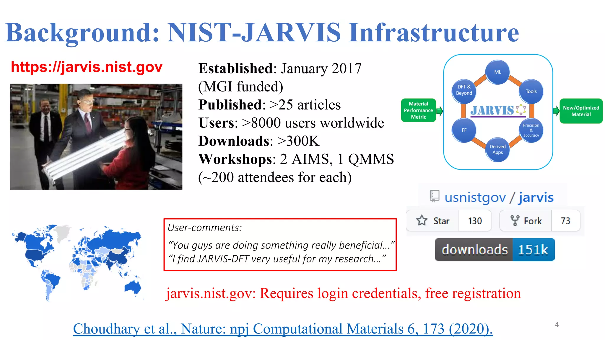 Background: NIST-JARVIS Infrastructure
4
https://jarvis.nist.gov
“You guys are doing something really beneficial…”
“I find JARVIS-DFT very useful for my research…”
User-comments:
Established: January 2017
(MGI funded)
Published: >25 articles
Users: >8000 users worldwide
Downloads: >300K
Workshops: 2 AIMS, 1 QMMS
(~200 attendees for each)
jarvis.nist.gov: Requires login credentials, free registration
Choudhary et al., Nature: npj Computational Materials 6, 173 (2020).
 