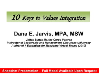 10 Keys to Values Integration
Snapshot Presentation – Full Model Available Upon Request
Dana E. Jarvis, MPA, MSW
Unites States Marine Corps Veteran
Instructor of Leadership and Management, Duquesne University
Author of 7 Essentials for Managing Virtual Teams (2010)
 