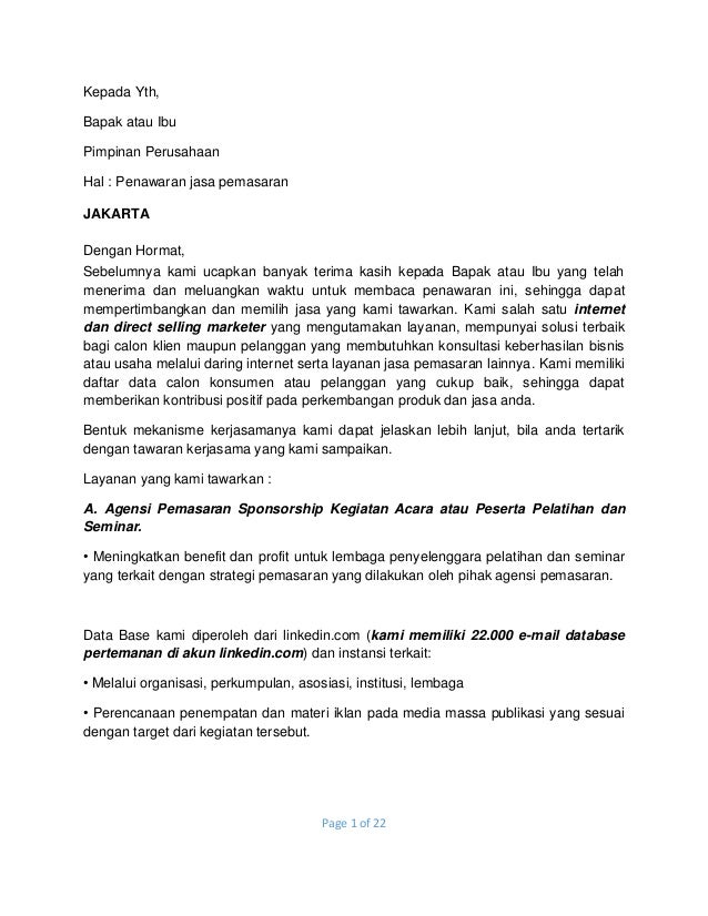 Penawaran Jasa Pemasaran Peserta Pelatihan Dan Seminar Penawaran Jasa Pemasaran Peserta Pelatihan Dan Seminar