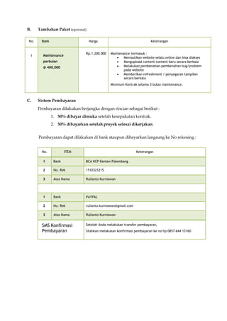 B. Tambahan Paket (opsional)
No. Item Harga Keterangan
1 Maintenance
perbulan
@ 400.000
Rp.1.200.000 Maintenance termasuk :
 Memastikan website selalu online dan bisa diakses
 Mengupload content-content baru secara berkala
 Melakukan pembenahan-pembenahan bug/problem
pada website
 Memberikan refreshment / penyegaran tampilan
secara berkala
Minimum Kontrak selama 3 bulan maintenance.
C. Sistem Pembayaran
Pembayaran dilakukan berjangka dengan rincian sebagai berikut :
1. 50% dibayar dimuka setelah kesepakatan kontrak.
2. 50% dibayarkan setelah proyek selesai dikerjakan.
Pembayaran dapat dilakukan di bank ataupun dibayarkan langsung ke No rekening :
No. ITEM Keterangan
1 Bank BCA KCP Kenten Palembang
2 No. Rek 1510323315
3 Atas Nama Rulianto Kurniawan
1 Bank PAYPAL
2 No. Rek rulianto.kurniawan@gmail.com
3 Atas Nama Rulianto Kurniawan
SMS Konfirmasi
Pembayaran
Setelah Anda melakukan transfer pembayaran,
Silahkan melakukan konfirmasi pembayaran ke no hp 0857 644 13160
 