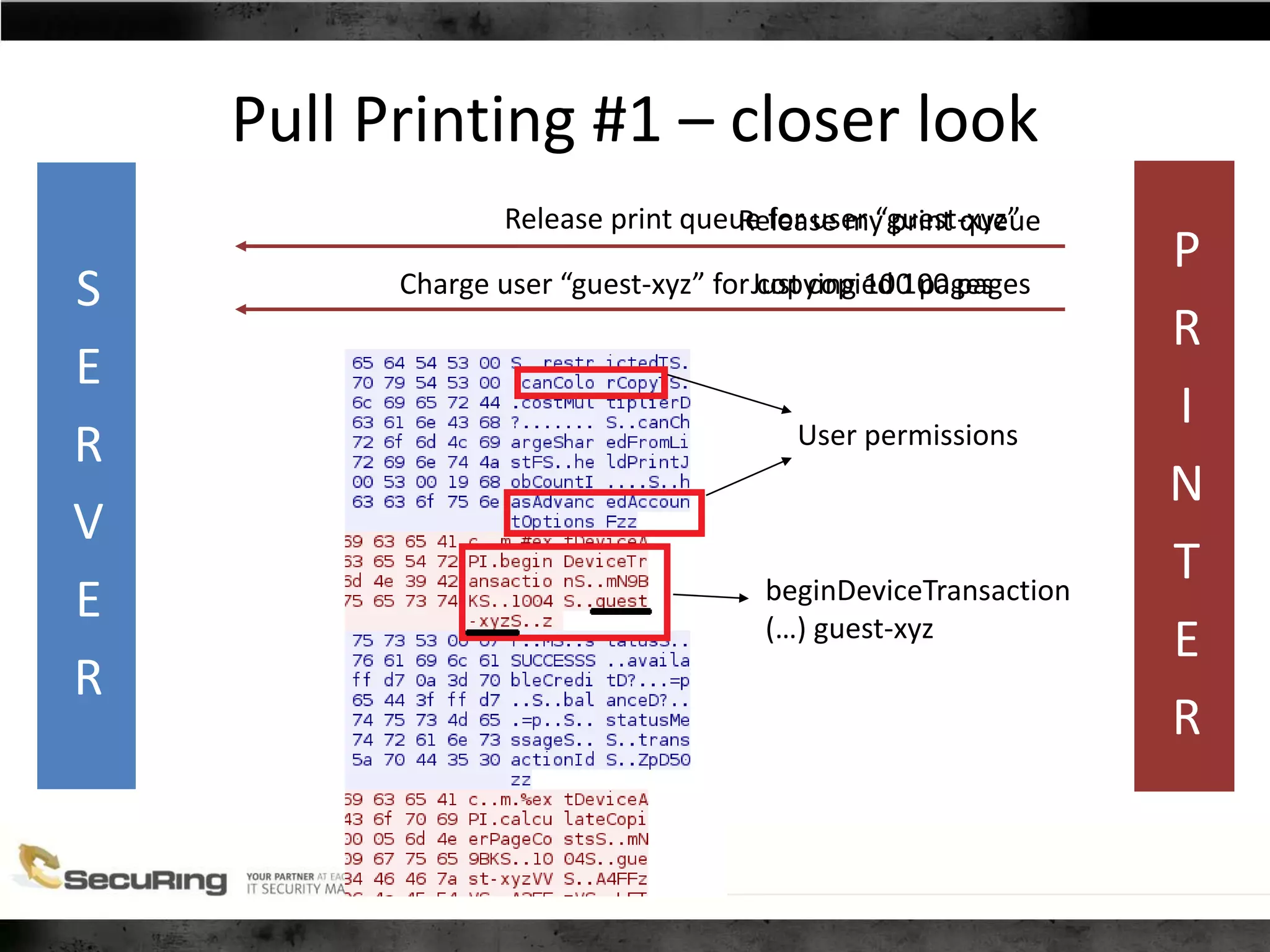 Charge user “guest-xyz” for copying 100 pages
Pull Printing #1 – closer look
Release my print queue
Just copied 100 pages
User permissions
beginDeviceTransaction
(…) guest-xyz
Release print queue for user “guest-xyz”
S
E
R
V
E
R
P
R
I
N
T
E
R
 