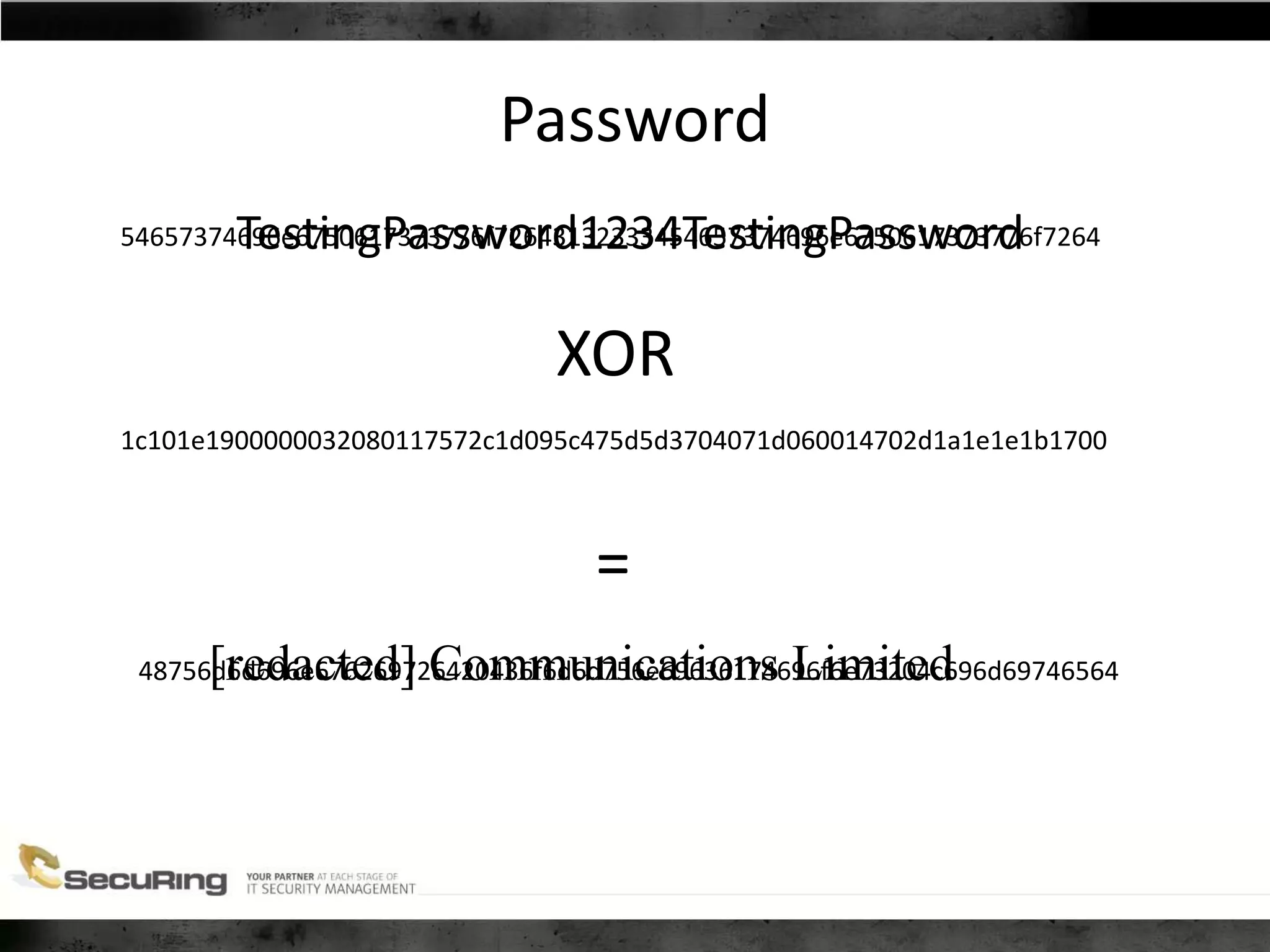 Password
[redacted] Communications Limited
54657374696e6750617373776f72643132333454657374696e6750617373776f7264TestingPassword1234TestingPassword
XOR
1c101e1900000032080117572c1d095c475d5d3704071d060014702d1a1e1e1b1700
=
48756d6d696e676269726420436f6d6d756e69636174696f6e73204c696d69746564
 