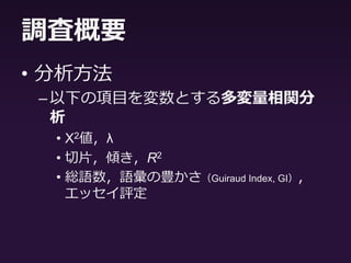 調査概要
• ポアソン分布へのフィッティング
–方法：最小二乗法
–カイ二乗値
• 当てはまりのよさを示す
• 小さければ小さいほど当てはまりがよい
–最も当てはまりのよいλ
• 学習者のライティングプロセスの傾向を示
す
 