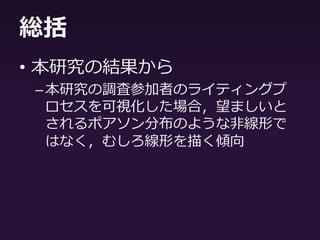 結果
• λとエッセイ評定の関係
–弱い相関（r = .21）
–ポアソン分布への当てはまりがよくな
いため今回は議論が難しい？
–RQ2に対する結論は保留
 