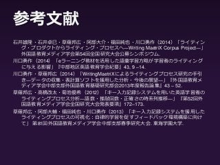 参考文献
石井雄隆・石井卓巳・草薙邦広・阿部大介・福田純也・川口勇作（2014）「ライティン
グ・プロダクトからライティング・プロセスへ―Writing MaetriX Corpus Project―」
外国語教育メディア学会第54回全国研究大会公募シンポジウム.
川口勇作（2014）「eラーニング教材を活用した語彙学習方略が学習者のライティング
に与える影響」『中部地区英語教育学会紀要』43, 9 –14.
川口勇作・草薙邦広（2014）「WritingMaetriXによるライティングプロセス研究の手引
き―データの収集・表計算ソフトを援用した分析・今後の展望―」『外国語教育メ
ディア学会中部支部外国語教育基礎研究部会2013年度報告論集』43 – 52.
草薙邦広・髙橋改太・菊池優希（2012）「キー入力記録システムを用いた英語学習者の
ライティングプロセス分析―語数・推敲回数・正確さの時系列推移―」『第52回外
国語教育メディア学会全国研究大会発表要項』172–173.
草薙邦広・阿部大輔・福田純也・川口勇作（2013）「キー入力記録システムを援用した
ライティングプロセスの可視化：自律的学習を促すフィードバック環境構築に向け
て」 第81回外国語教育メディア学会中部支部春季研究大会. 東海学園大学.
 