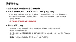 先行研究
1. 社会調査型の英語使用調査はほぼ皆無
2. 周辺的な事例としてニーズアナリシス研究 (Long, 2005)
寺内ほか (2010) ：縁故抽出（英語学習サイト登録者） 内藤ほか (2007) ：ウェブパネル（北海道就労者）
桐村・清水 (2016) ：縁故抽出（ある学部の卒業生） Evans (2010) ：縁故抽出およびネットばら撒き
He (2017)：縁故抽出
→ 外的妥当性（代表性）の面で深刻な問題
3. 例外：寺沢 (2015)
• 確率抽出（＝ランダム抽出）である日本版総合的社会調査（JGSS）の２次分析
• 2006年と2010年のサンプル
• 就労者全体に占める英語使用経験者（過去1年に仕事で少しでも使った人）は、それぞれ21.0%・
16.3％
• 問題点：10年以上前の数値。「仕事」という大雑把な聞き方。
 