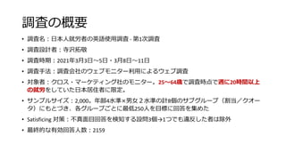調査の概要
• 調査名：日本人就労者の英語使用調査 - 第1次調査
• 調査設計者：寺沢拓敬
• 調査時期：2021年3月3日～5日・3月8日～11日
• 調査手法：調査会社のウェブモニター利用によるウェブ調査
• 対象者：クロス・マーケティング社のモニター。25～64歳で調査時点で週に20時間以上
の就労をしていた日本居住者に限定。
• サンプルサイズ：2,000。年齢4水準×男女２水準の計8個のサブグループ（割当／クオー
タ）にもとづき、各グループごとに最低250人を目標に回答を集めた
• Satisficing 対策：不真面目回答を検知する設問3個→1つでも違反した者は除外
• 最終的な有効回答人数：2159
 