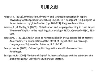 引用文献
Kubota, R. (2011). Immigration, diversity, and language education in Japan:
Toward a glocal approach to teaching English. In P. Seargeant (Ed.), English in
Japan in the era of globalization (pp. 101-124). Palgrave Macmillan.
Kubota, R., & McKay, S. (2009). Globalization and language learning in rural Japan:
The role of English in the local linguistic ecology. TESOL Quarterly,43(4), 593-
619.
Terasawa, T. (2011). English skills as human capital in the Japanese labor market:
An econometric examination of the effect of English skills on earnings.
Language and Information Sciences, 9, 117-133.
Pennycook, A. (2001). Critical applied linguistics: A critical introduction.
Routledge.
Seargeant, P. (2009) The idea of English in Japan: Ideology and the evolution of a
global language. Clevedon: Multilingual Matters.
32
 