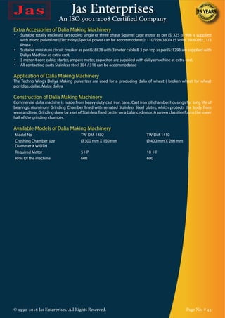 Jas Enterprises
An ISO 9001:2008 Certified Company
© 1990-2016 Jas Enterprises, All Rights Reserved. Page No. # 43
Extra Accessories of Dalia Making Machinery
•	 Suitable totally enclosed fan cooled single or three phase Squirrel cage motor as per IS: 325 or 996 is supplied
with mono pulverizer {Electricity (Special power can be accommodated): 110/220/380/415 Volts, 50/60 Hz , 1/3
Phase }
•	 Suitable miniature circuit breaker as per IS: 8828 with 3 meter cable & 3 pin top as per IS: 1293 are supplied with
Daliya Machine as extra cost.
•	 3 meter 4 core cable, starter, ampere meter, capacitor, are supplied with daliya machine at extra cost.
•	 All contacting parts Stainless steel 304 / 316 can be accommodated
Application of Dalia Making Machinery
The Techno Wings Daliya Making pulverizer are used for a producing dalia of wheat ( broken wheat for wheat
porridge, dalia), Maize daliya
Construction of Dalia Making Machinery
Commercial dalia machine is made from heavy duty cast iron base. Cast iron oil chamber housings for long life of
bearings. Aluminum Grinding Chamber lined with serrated Stainless Steel plates, which protects the body from
wear and tear. Grinding done by a set of Stainless fixed better on a balanced rotor. A screen classifier forms the lower
half of the grinding chamber.
Available Models of Dalia Making Machinery
Model No TW-DM-1402 TW-DM-1410
Crushing Chamber size
Diameter X WIDTH
Ø 300 mm X 150 mm Ø 400 mm X 200 mm
Required Motor 5 HP 10 HP
RPM Of the machine 600 600
 