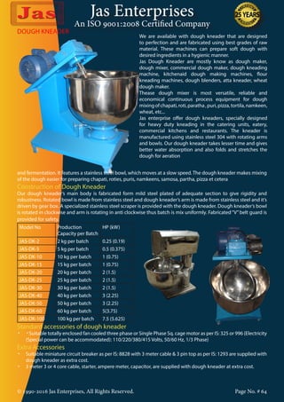 Jas Enterprises
An ISO 9001:2008 Certified Company
© 1990-2016 Jas Enterprises, All Rights Reserved. Page No. # 64
DOUGH KNEADER
We are available with dough kneader that are designed
to perfection and are fabricated using best grades of raw
material. These machines can prepare soft dough with
desired ingredients in a hygienic manner.
Jas Dough Kneader are mostly know as dough maker,
dough mixer, commercial dough maker, dough kneading
machine, kitchenaid dough making machines, flour
kneading machines, dough blenders, atta kneader, wheat
dough maker.
Thease dough mixer is most versatile, reliable and
economical continuous process equipment for dough
mixingofchapati,roti,paratha,puri,pizza,tortila,namkeen,
wheat, etc...
Jas enterprise offer dough kneaders, specially designed
for heavy duty kneading in the catering units, eatery,
commercial kitchens and restaurants. The kneader is
manufactured using stainless steel 304 with rotating arms
and bowls. Our dough kneader takes lesser time and gives
better water absorption and also folds and stretches the
dough for aeration
and fermentation. It features a stainless steel bowl, which moves at a slow speed. The dough kneader makes mixing
of the dough easier for preparing chapati, roties, puris, namkeens, samosa, partha, pizza et cetera
Construction of Dough Kneader
Our dough kneader’s main body is fabricated form mild steel plated of adequate section to give rigidity and
robustness. Rotated bowl is made from stainless steel and dough kneader’s arm is made from stainless steel and it’s
driven by gear box. A specialized stainless steel scraper is provided with the dough kneader. Dough kneader’s bowl
is rotated in clockwise and arm is rotating in anti clockwise thus batch is mix uniformly. Fabricated“V”belt guard is
provided for safety.
Model No Production
Capacity per Batch
HP (kW)
JAS-DK-2 2 kg per batch 0.25 (0.19)
JAS-DK-5 5 kg per batch 0.5 (0.375)
JAS-DK-10 10 kg per batch 1 (0.75)
JAS-DK-15 15 kg per batch 1 (0.75)
JAS-DK-20 20 kg per batch 2 (1.5)
JAS-DK-25 25 kg per batch 2 (1.5)
JAS-DK-30 30 kg per batch 2 (1.5)
JAS-DK-40 40 kg per batch 3 (2.25)
JAS-DK-50 50 kg per batch 3 (2.25)
JAS-DK-60 60 kg per batch 5(3.75)
JAS-DK-100 100 kg per batch 7.5 (5.625)
Standard accessories of dough kneader
•	 •Suitable totally enclosed fan cooled three phase or Single Phase Sq. cage motor as per IS: 325 or 996 {Electricity
(Special power can be accommodated): 110/220/380/415 Volts, 50/60 Hz, 1/3 Phase}
Extra Accessories
•	 Suitable miniature circuit breaker as per IS: 8828 with 3 meter cable & 3 pin top as per IS: 1293 are supplied with
dough kneader as extra cost.
•	 3 meter 3 or 4 core cable, starter, ampere meter, capacitor, are supplied with dough kneader at extra cost.
 