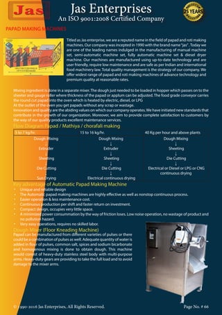 Jas Enterprises
An ISO 9001:2008 Certified Company
© 1990-2016 Jas Enterprises, All Rights Reserved. Page No. # 66
PAPAD MAKING MACHINES
Titled as Jas enterprise, we are a reputed name in the field of papad and roti making
machines. Our company was incepted in 1990 with the brand name“jas”.Today we
are one of the leading names indulged in the manufacturing of manual machine
set, semi-automatic machine set, fully automatic machine set & diesel dryer
machine. Our machines are manufactured using up-to-date technology and are
user friendly, require low maintenance and are safe as per Indian and international
food machinery law. Total quality management is the strategy of our company. We
offer widest range of papad and roti making machines of advance technology and
premium quality at reasonable rates.
Mixing ingredient is done in a separate mixer.The dough just needed to be loaded in hopper which passes on to the
sheeter and gauge roller where thickness of the papad or applum can be adjusted. The food grade conveyor carries
the round cut papad into the oven which is heated by electric, diesel, or LPG
At the outlet of the oven you get papads without any scrap or wastage.
Innovation and quality are the abiding values on which our company operates.We have initiated new standards that
contribute in the growth of our organization. Moreover, we aim to provide complete satisfaction to customers by
the way of our quality products excellent maintenance services.
Flow Diagram Papad / Mathiya / chorafali making
5 to 7 kg/hr. 15 to 16 kg/hr. 40 Kg per hour and above plants
Dough Mixing
↓
Extruder
↓
Sheeting
↓
Die Cutting
↓
Sun Drying
Dough Mixing
↓
Extruder
↓
Sheeting
↓
Die Cutting
↓
Electrical continuous drying
Dough Mixing
↓
Sheeting
↓
Die Cutting
↓
Electrical or Diesel or LPG or CNG
continuous drying
Key advantage of Automatic Papad Making Machine
•	 Unique and reliable design
•     The Automatic papad making machines are highly effective as well as nonstop continuous process.
•	 Easier operation & less maintenance cost.
•	 Continuous production per shift and faster return on investment.
•	 Compact design, occupies very little space.
•	 A minimized power consummation by the way of friction loses. Low noise operation, no wastage of product and
no pollution hazard.
•	 Very easy operations, requires no skilled labor.
Dough Mixer (Floor Kneading Machine)
Papad can be manufactured from different varieties of pulses or there
could be a combination of pulses as well. Adequate quantity of water is
added in flour of pulses, common salt, spices and sodium bicarbonate
and homogenous mixing is done to obtain dough. This machine
would consist of heavy-duty stainless steel body with multi-purpose
arms. Heavy-duty gears are providing to take the full load and to avoid
damage to the mixer arms.
 