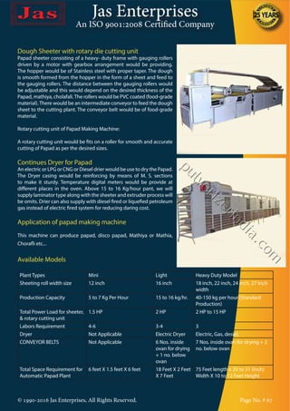 Jas Enterprises
An ISO 9001:2008 Certified Company
© 1990-2016 Jas Enterprises, All Rights Reserved. Page No. # 67
Dough Sheeter with rotary die cutting unit
Papad sheeter consisting of a heavy- duty frame with gauging rollers
driven by a motor with gearbox arrangement would be providing.
The hopper would be of Stainless steel with proper taper. The dough
is smooth formed from the hopper in the form of a sheet and feed to
the gauging rollers. The distance between the gauging rollers would
be adjustable and this would depend on the desired thickness of the
Papad, mathiya, cholafali.The rollers would be PVC coated (food-grade
material).There would be an intermediate conveyor to feed the dough
sheet to the cutting plant. The conveyor belt would be of food-grade
material.
Rotary cutting unit of Papad Making Machine:
A rotary cutting unit would be fits on a roller for smooth and accurate
cutting of Papad as per the desired sizes.
Continues Dryer for Papad
An electric or LPG or CNG or Diesel drier would be use to dry the Papad.
The Dryer casing would be reinforcing by means of M. S. sections
to make it sturdy. Temperature digital meters would be provide at
different places in the oven. Above 15 to 16 Kg/hour pant, we will
supply laminator type along with the sheeter and extruder process will
be omits. Drier can also supply with diesel fired or liquefied petroleum
gas instead of electric fired system for reducing daring cost.
Application of papad making machine
This machine can produce papad, disco papad, Mathiya or Mathia,
Chorafli etc...
Available Models
Plant Types Mini Light Heavy Duty Model
Sheeting roll width size 12 inch 16 inch 18 inch, 22 inch, 24 inch, 27 Inch
width
Production Capacity 5 to 7 Kg Per Hour 15 to 16 kg/hr. 40-150 kg per hour (Standard
Production)
Total Power Load for sheeter,
& rotary cutting unit
1.5 HP 2 HP 2 HP to 15 HP
Labors Requirement 4-6 3-4 3
Dryer Not Applicable Electric Dryer Electric, Gas, desiel,
CONVEYOR BELTS Not Applicable 6 Nos. inside
ovan for drying
+ 1 no. below
ovan
7 Nos. inside ovan for drying + 2
no. below ovan
Total Space Requirement for
Automatic Papad Plant
6 feet X 1.5 feet X 6 feet 18 Feet X 2 Feet
X 7 Feet
75 Feet length x 20 to 31 (Inch)
Width X 10 to 12 Feet Height
 