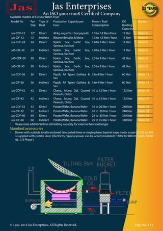 Jas Enterprises
An ISO 9001:2008 Certified Company
© 1990-2016 Jas Enterprises, All Rights Reserved. Page No. # 83
Available models of Circular Batch Fryer
Model No Pan
Size
Type of
Heat
Production Capacity per
hour
Power / Fuel
Consumption
Oil
Holding
Capacity
Burner
Jas-CDF-12 12” Direct 40 kg sugar/hr. ( Sonpapadi) 1.5 to 1.8 liter./Hour 15 liter Maior 8
Jas-CIF-12 12 Indirect Bikaneri Bhujiya & Mava 1.5 to 1.8 liter / hour 15 liter Maior 8
Jas-CDF-24 24 Direct Nylon Sev, Garlic Sev,
Samosa, Kachori
1.8 to 2 liter / hour 18 liter Maior 8
JAS-CIF-24 24 Indirect Nylon Sev, Garlic Sev,
Samosa, Kachori
1.8 to 2 liter / hour 18 liter Maior 8
JAS-CDF-30 30 Direct Nylon Sev, Garlic Sev,
Samosa, Kachori
2.5 to 3 liter / hour 42 liter Maior 8
JAS-CIF-30 30 Indirect Nylon Sev, Garlic Sev,
Samosa, Kachori
2.5 to 3 liter / hour 42 liter Maior 8
Jas-CDF-36 36 Direct Papdi, All Types Gathiya &
Sev
3 to 4 liter / hour 60 liter Maior 12
Jas-CIF-36 36 Indirect Papdi, All Types Gathiya &
Sev
3 to 4 liter / hour 60 liter Maior 12
Jas-CDF-42 42 Direct Chana, Mung Dal, Coated
Peanuts, Chips
10 to 12 liter / hour 152 liter Maior 20
Jas-CIF-42 42 Indirect Chana, Mung Dal, Coated
Peanuts, Chips
10 to 12 liter / hour 152 liter Maior 20
Jas-CDF-52 52 Direct Potato Wafer, Banana Wafer 16 to 20 liter / hour 240 liter Maior 20
Jas-CIF-52 52 Indirect Potato Wafer, Banana Wafer 16 to 20 liter / hour 240 liter Maior 20
Jas-CDF-60 60 Direct Potato Wafer, Banana Wafer 25 to 30 liter / hour 310 liter Maior 20
Jas-CIF-60 60 Indirect Potato Wafer, Banana Wafer 25 to 35 liter / hour 310 liter Maior 20
•	 Please note add 60/90 liter oil holding capacity for external heat exchanger
Standard accessories
•	 Blower with suitable totally enclosed fan cooled three or single phase Squirrel cage motor as per IS: 325 or 996
is supplied with potato slicer {Electricity (Special power can be accommodated): 110/220/380/415 Volts, 50/60
Hz , 1/3 Phase }
 