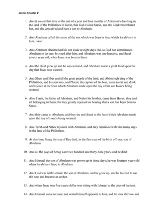 Jasher Chapter 21


     1. And it was at that time at the end of a year and four months of Abraham's dwelling in
        the land of the Philistines in Gerar, that God visited Sarah, and the Lord remembered
        her, and she conceived and bare a son to Abraham.

     2. And Abraham called the name of the son which was born to him, which Sarah bare to
        him, Isaac.

     3. And Abraham circumcised his son Isaac at eight days old, as God had commanded
        Abraham to do unto his seed after him; and Abraham was one hundred, and Sarah
        ninety years old, when Isaac was born to them.

     4. And the child grew up and he was weaned, and Abraham made a great feast upon the
        day that Isaac was weaned.

     5. And Shem and Eber and all the great people of the land, and Abimelech king of the
        Philistines, and his servants, and Phicol, the captain of his host, came to eat and drink
        and rejoice at the feast which Abraham made upon the day of his son Isaac's being
        weaned.

     6. Also Terah, the father of Abraham, and Nahor his brother, came from Haran, they and
        all belonging to them, for they greatly rejoiced on hearing that a son had been born to
        Sarah.

     7. And they came to Abraham, and they ate and drank at the feast which Abraham made
        upon the day of Isaac's being weaned.

     8. And Terah and Nahor rejoiced with Abraham, and they remained with him many days
        in the land of the Philistines.

     9. At that time Serug the son of Reu died, in the first year of the birth of Isaac son of
        Abraham.

    10. And all the days of Serug were two hundred and thirty-nine years, and he died.

    11. And Ishmael the son of Abraham was grown up in those days; he was fourteen years old
        when Sarah bare Isaac to Abraham.

    12. And God was with Ishmael the son of Abraham, and he grew up, and he learned to use
        the bow and became an archer.

    13. And when Isaac was five years old he was sitting with Ishmael at the door of the tent.

    14. And Ishmael came to Isaac and seated himself opposite to him, and he took the bow and
 