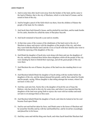 Jasher Chapter 33


     1. And in some time after Jacob went away from the borders of the land, and he came to
        the land of Shalem, that is the city of Shechem, which is in the land of Canaan, and he
        rested in front of the city.

     2. And he bought a parcel of the field which was there, from the children of Hamor the
        people of the land, for five shekels.

     3. And Jacob there built himself a house, and he pitched his tent there, and he made booths
        for his cattle, therefore he called the name of that place Succoth.

     4. And Jacob remained in Succoth a year and six months.

     5. At that time some of the women of the inhabitants of the land went to the city of
        Shechem to dance and rejoice with the daughters of the people of the city, and when
        they went forth then Rachel and Leah the wives of Jacob with their families also went to
        behold the rejoicing of the daughters of the city.

     6. And Dinah the daughter of Jacob also went along with them and saw the daughters of
        the city, and they remained there before these daughters whilst all the people of the city
        were standing by them to behold their rejoicings, and all the great people of the city
        were there.

     7. And Shechem the son of Hamor, the prince of the land was also standing there to see
        them.

     8. And Shechem beheld Dinah the daughter of Jacob sitting with her mother before the
        daughters of the city, and the damsel pleased him greatly, and he there asked his friends
        and his people, saying, Whose daughter is that sitting amongst the women, whom I do
        not know in this city?

     9. And they said unto him, Surely this is the daughter of Jacob the son of Isaac the
        Hebrew, who has dwelt in this city for some time, and when it was reported that the
        daughters of the land were going forth to rejoice she went with her mother and maid
        servants to sit amongst them as thou seest.

    10. And Shechem beheld Dinah the daughter of Jacob, and when he looked at her his soul
        became fixed upon Dinah.

    11. And he sent and had her taken by force, and Dinah came to the house of Shechem and
        he seized her forcibly and lay with her and humbled her, and he loved her exceedingly
        and placed her in his house.

    12. And they came and told the thing unto Jacob, and when Jacob heard that Shechem had
 