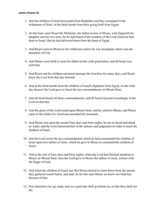 Jasher Chapter 82


     1. And the children of Israel proceeded from Rephidim and they encamped in the
        wilderness of Sinai, in the third month from their going forth from Egypt.

     2. At that time came Reuel the Midianite, the father-in-law of Moses, with Zipporah his
        daughter and her two sons, for he had heard of the wonders of the Lord which he had
        done to Israel, that he had delivered them from the hand of Egypt.

     3. And Reuel came to Moses to the wilderness where he was encamped, where was the
        mountain of God.

     4. And Moses went forth to meet his father-in-law with great honor, and all Israel was
        with him.

     5. And Reuel and his children remained amongst the Israelites for many days, and Reuel
        knew the Lord from that day forward.

     6. And in the third month from the children of Israel's departure from Egypt, on the sixth
        day thereof, the Lord gave to Israel the ten commandments on Mount Sinai.

     7. And all Israel heard all these commandments, and all Israel rejoiced exceedingly in the
        Lord on that day.

     8. And the glory of the Lord rested upon Mount Sinai, and he called to Moses, and Moses
        came in the midst of a cloud and ascended the mountain.

     9. And Moses was upon the mount forty days and forty nights; he ate no bread and drank
        no water, and the Lord instructed him in the statutes and judgments in order to teach the
        children of Israel.

    10. And the Lord wrote the ten commandments which he had commanded the children of
        Israel upon two tablets of stone, which he gave to Moses to command the children of
        Israel.

    11. And at the end of forty days and forty nights, when the Lord had finished speaking to
        Moses on Mount Sinai, then the Lord gave to Moses the tablets of stone, written with
        the finger of God.

    12. And when the children of Israel saw that Moses tarried to come down from the mount,
        they gathered round Aaron, and said, As for this man Moses we know not what has
        become of him.

    13. Now therefore rise up, make unto us a god who shall go before us, so that thou shalt not
        die.
 