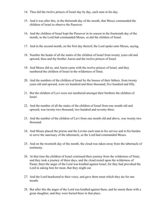 14. Thus did the twelve princes of Israel day by day, each man in his day.

15. And it was after this, in the thirteenth day of the month, that Moses commanded the
    children of Israel to observe the Passover.

16. And the children of Israel kept the Passover in its season in the fourteenth day of the
    month, as the Lord had commanded Moses, so did the children of Israel.

17. And in the second month, on the first day thereof, the Lord spoke unto Moses, saying,

18. Number the heads of all the males of the children of Israel from twenty years old and
    upward, thou and thy brother Aaron and the twelve princes of Israel.

19. And Moses did so, and Aaron came with the twelve princes of Israel, and they
    numbered the children of Israel in the wilderness of Sinai.

20. And the numbers of the children of Israel by the houses of their fathers, from twenty
    years old and upward, were six hundred and three thousand, five hundred and fifty.

21. But the children of Levi were not numbered amongst their brethren the children of
    Israel.

22. And the number of all the males of the children of Israel from one month old and
    upward, was twenty-two thousand, two hundred and seventy-three.

23. And the number of the children of Levi from one month old and above, was twenty-two
    thousand.

24. And Moses placed the priests and the Levites each man to his service and to his burden
    to serve the sanctuary of the tabernacle, as the Lord had commanded Moses.

25. And on the twentieth day of the month, the cloud was taken away from the tabernacle of
    testimony.

26. At that time the children of Israel continued their journey from the wilderness of Sinai,
    and they took a journey of three days, and the cloud rested upon the wilderness of
    Paran; there the anger of the Lord was kindled against Israel, for they had provoked the
    Lord in asking him for meat, that they might eat.

27. And the Lord hearkened to their voice, and gave them meat which they ate for one
    month.

28. But after this the anger of the Lord was kindled against them, and he smote them with a
    great slaughter, and they were buried there in that place.
 