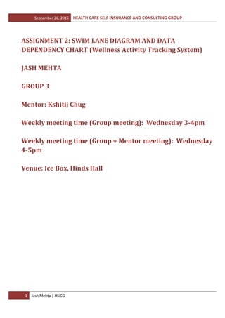 September 26, 2015 HEALTH CARE SELF INSURANCE AND CONSULTING GROUP
1 Jash Mehta | HSICG
ASSIGNMENT 2: SWIM LANE DIAGRAM AND DATA
DEPENDENCY CHART (Wellness Activity Tracking System)
JASH MEHTA
GROUP 3
Mentor: Kshitij Chug
Weekly meeting time (Group meeting): Wednesday 3-4pm
Weekly meeting time (Group + Mentor meeting): Wednesday
4-5pm
Venue: Ice Box, Hinds Hall
 