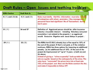 RERA Section Draft Rule Sr. Comment
4 ( 1 ) and ( 2) (b) 4 (1 ) and ( 2 ) Rules must clarify that this information must also include
all enterprises with whom promoters / Key management
personnel have had significant No of Transactions during
last 5 years
31 ( 1 ) 36 and 37 Definition of Aggrieved person should be alike insurance
industry ( insurable interest ) including Voluntary consumer
association ( not related to the property ) as aggrieved
would Excessive litigation and cause delays in project .
59 ( 1 ) 35 ( 2 ) The RERA Act Cl 59(1) already lays a fine equal to 10% of
the cost of the project. If that is not paid, or if the violation
continues, RERA has three options for imposing an additional
penalty: (a) An additional fine of 10% of the cost of the
project (b) Imprisonment of “up to” 3 years c) both (a) and
(b) above.
Instead of giving a “crime-vs-penalty” look-up table that
acts as a guide based on the scale/gravity of the crime. The
rules have “commuted” the prison term into a fixed rate:
10% of the project cost. How can the Rules overturn the Act,
and make it impossible to follow it??
Draft Rules – Open Issues and teething troubles
 