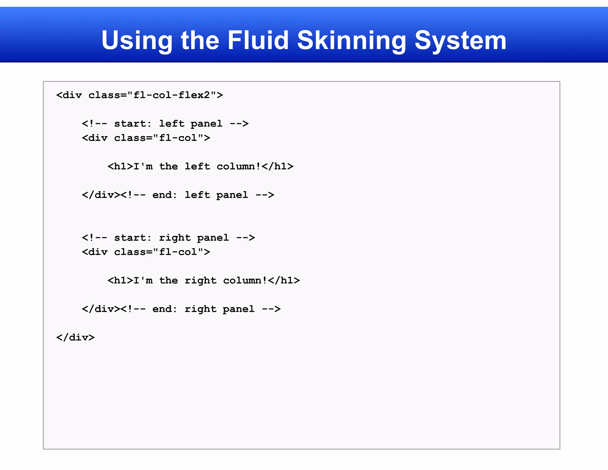 Using the Fluid Skinning System
<div class="fl-col-flex2">

    <!-- start: left panel -->
    <div class="fl-col">

         <h1>I'm the left column!</h1>

    </div><!-- end: left panel -->



    <!-- start: right panel -->
    <div class="fl-col">

         <h1>I'm the right column!</h1>

    </div><!-- end: right panel -->

</div>
 