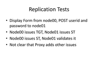 Replication TestsDisplay Form from node00, POST userid and password to node01Node00 issues TGT, Node01 issues STNode00 issues ST, Node01 validates itNot clear that Proxy adds other issues