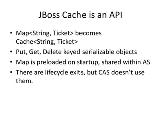 JBoss Cache is an APIMap<String, Ticket> becomes Cache<String, Ticket>Put, Get, Delete keyed serializable objectsMap is preloaded on startup, shared within ASThere are lifecycle exits, but CAS doesn’t use them.
