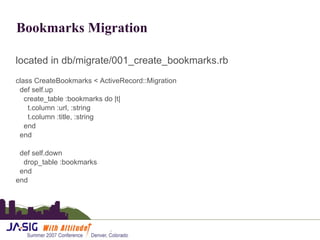 Bookmarks Migration located in db/migrate/001_create_bookmarks.rb class CreateBookmarks < ActiveRecord::Migration def self.up create_table :bookmarks do |t| t.column :url, :string t.column :title, :string end end def self.down drop_table :bookmarks end end 