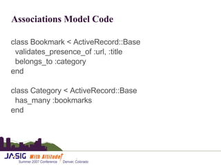 Associations Model Code  class Bookmark < ActiveRecord::Base validates_presence_of :url, :title belongs_to :category end class Category < ActiveRecord::Base has_many :bookmarks end 