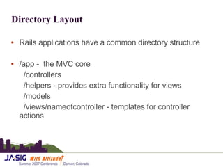 Directory Layout Rails applications have a common directory structure  /app -  the MVC core   /controllers   /helpers - provides extra functionality for views   /models   /views/nameofcontroller - templates for controller actions 