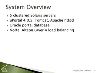    5 clustered Solaris servers
   uPortal 4.0.5, Tomcat, Apache httpd
   Oracle portal database
   Nortel Alteon Layer 4 load balancing




                                       2012 Jasig Sakai Conference   25
 