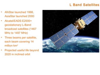 L Band Satellites

• AfriStar launched 1998,
  AsiaStar launched 2000
• Alcatel/EADS E2000+
  geostationary L-Band
  broadcast satellites (1467
  MHz to 1497 MHz)
• Three beams per satellite,
  each beam covering 14
  million km2
• Projected useful life beyond
  2020 in inclined orbit
 