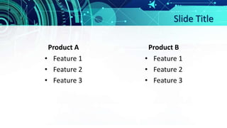Slide Title
Product A
• Feature 1
• Feature 2
• Feature 3
Product B
• Feature 1
• Feature 2
• Feature 3
 