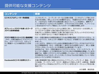 All Rights Reserved. Japan Small and medium enterprises Information Support Association. 14
提供可能な支援コンテンツ
コンテンツ 概要
ビジネスプロデューサー育成講座 コンサルタント、コーディネーターなど企業の支援、コンサルティング等にかか
わる方を対象に「新しいビジネスを構想する力」「知識をわかりやすく周囲に伝
え、つながる力」を得て中小企業支援に役立てていくことを目的に、最新タブ
レット等のITツールのビジネス活用や、クラウドのビジネス活用、イノベーショ
ンを生み出すアイディア創出についてのテーマで講座を開催します
タブレット＋クラウドを使ったワーク
スタイル変革勉強会
タブレット端末とクラウドシステムの普及に伴い、それらのツールを活用した
ワークスタイル変革への取り組みが求められています。
社員がもっと効率的に効果的に仕事に取り組むためにタブレットやクラウドをど
のように活用するかという視点で勉強会を行います。
クラウド販売スペシャリスト養成講座
（中小・中堅企業向けにクラウドシス
テム、スマートデバイス、セキュリ
ティ関連サービスの販売を行う方向
け）
中小・中堅企業向けの経営支援を行うための情報化商材（クラウドシステム、ス
マートデバイス、セキュリティ関連サービスなど）が安価でたくさん販売され始
めました。
しかしながら、従来のシステム会社の営業担当者のアプローチ方法ではクラウド
などの情報商材を（中小・中堅企業に）販売するのは容易ではなく、新しい営業
アプローチをしていただく方々を育成する必要を感じています。
JASISAでは、中小・中堅企業向けにクラウドシステム、スマートデバイス、セ
キュリティ関連サービスの販売をおこなう方々向けの初級講座を開催しています。
講座では、実際にクラウドシステムを開発しているメーカーの方もゲストで招き、
その商材をどのようなターゲットに対してどのような方法で販売していくべきな
のかということを考えて行きます。
Facebookのビジネス活用セミナー 企業の事業戦略や個人事業主の方のセルフブランディングにそって 製品・サービ
スの拡販、マーケティング、セミナー集客などに特化した形で 人脈形成、情報発
信によるブランド形成などのグランドデザインを考えるワークショップ形式の勉
強会です。
※交通費、謝金別途
 