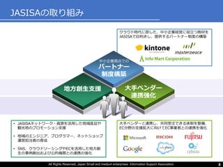 クラウド時代に即した、中小企業経営に役立つ商材を
JASISAで目利きし、提供するパートナー制度の構築
All Rights Reserved. Japan Small and medium enterprises Information Support Association. 8
JASISAの取り組み
中小企業視点での
パートナー
制度構築
地方創生支援 大手ベンダー
連携強化
• JASISAネットワーク・資源を活用した地域産品や
観光地のプロモーション支援
• 地域のエンジニア、プログラマー、ネットショップ
運営担当者の育成
• SNS、クラウドソーシングやECを活用した地方創
生の事例創出および公的機関との連携の強化
大手ベンダーと連携し、共同受注できる体制を整備、
EC分野の支援拡大に向けてEC事業者との連携を強化
 