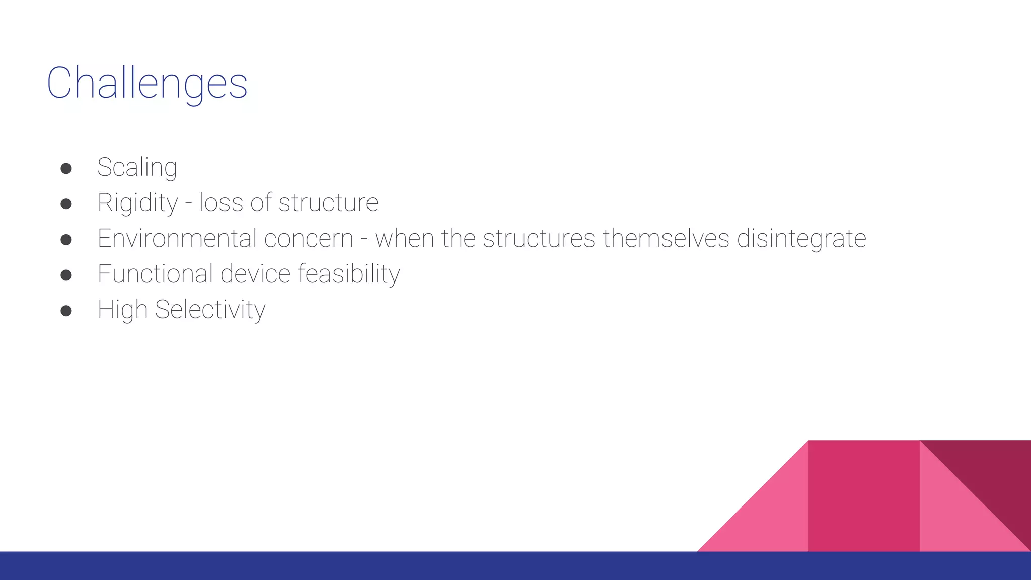 Challenges
● Scaling
● Rigidity - loss of structure
● Environmental concern - when the structures themselves disintegrate
● Functional device feasibility
● High Selectivity
 