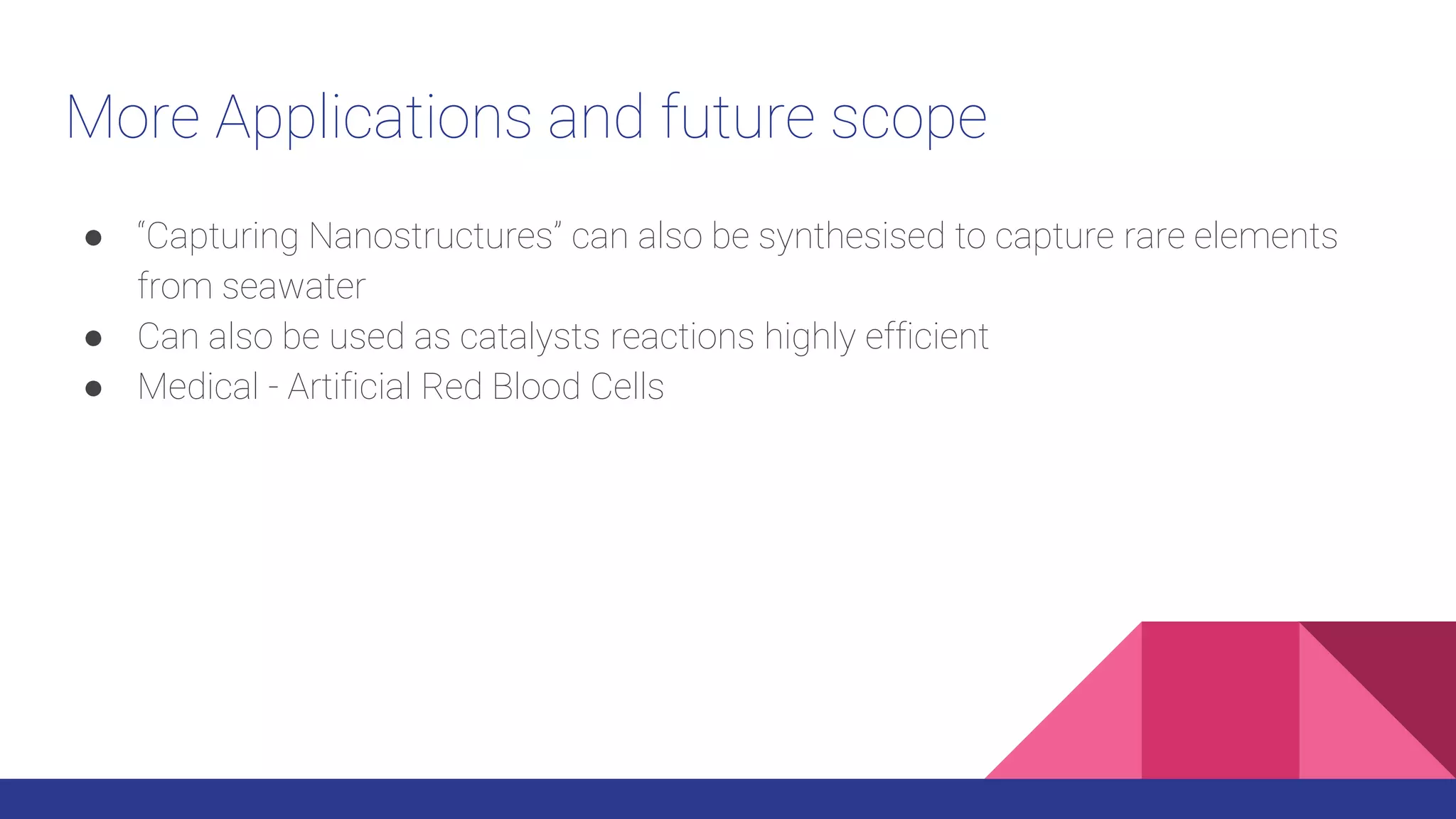 More Applications and future scope
● “Capturing Nanostructures” can also be synthesised to capture rare elements
from seawater
● Can also be used as catalysts reactions highly efficient
● Medical - Artificial Red Blood Cells
 