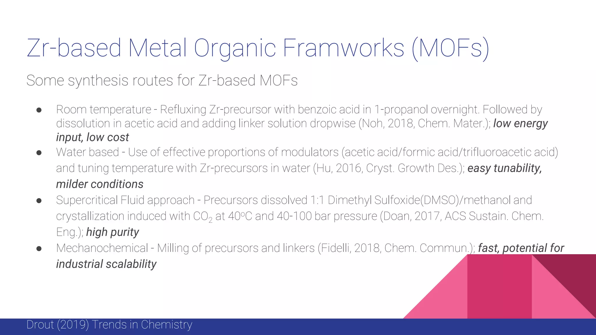 Zr-based Metal Organic Framworks (MOFs)
Some synthesis routes for Zr-based MOFs
● Room temperature - Refluxing Zr-precursor with benzoic acid in 1-propanol overnight. Followed by
dissolution in acetic acid and adding linker solution dropwise (Noh, 2018, Chem. Mater.); low energy
input, low cost
● Water based - Use of effective proportions of modulators (acetic acid/formic acid/trifluoroacetic acid)
and tuning temperature with Zr-precursors in water (Hu, 2016, Cryst. Growth Des.); easy tunability,
milder conditions
● Supercritical Fluid approach - Precursors dissolved 1:1 Dimethyl Sulfoxide(DMSO)/methanol and
crystallization induced with CO2 at 40oC and 40-100 bar pressure (Doan, 2017, ACS Sustain. Chem.
Eng.); high purity
● Mechanochemical - Milling of precursors and linkers (Fidelli, 2018, Chem. Commun.); fast, potential for
industrial scalability
Drout (2019) Trends in Chemistry
 