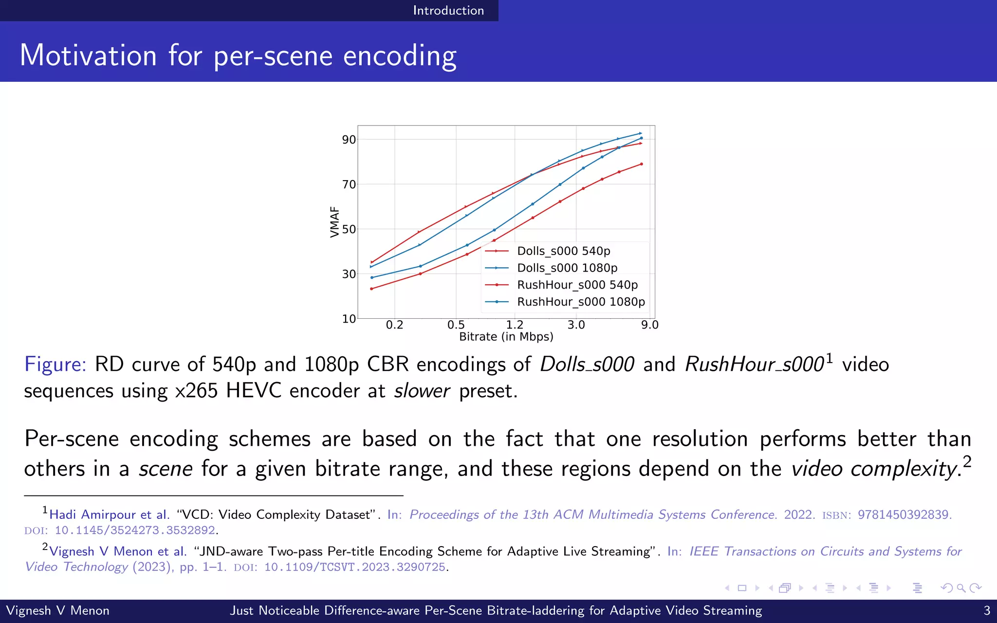 Introduction
Motivation for per-scene encoding
0.2 0.5 1.2 3.0 9.0
Bitrate (in Mbps)
10
30
50
70
90
VMAF
Dolls_s000 540p
Dolls_s000 1080p
RushHour_s000 540p
RushHour_s000 1080p
Figure: RD curve of 540p and 1080p CBR encodings of Dolls s000 and RushHour s0001
video
sequences using x265 HEVC encoder at slower preset.
Per-scene encoding schemes are based on the fact that one resolution performs better than
others in a scene for a given bitrate range, and these regions depend on the video complexity.2
1
Hadi Amirpour et al. “VCD: Video Complexity Dataset”. In: Proceedings of the 13th ACM Multimedia Systems Conference. 2022. isbn: 9781450392839.
doi: 10.1145/3524273.3532892.
2
Vignesh V Menon et al. “JND-aware Two-pass Per-title Encoding Scheme for Adaptive Live Streaming”. In: IEEE Transactions on Circuits and Systems for
Video Technology (2023), pp. 1–1. doi: 10.1109/TCSVT.2023.3290725.
Vignesh V Menon Just Noticeable Difference-aware Per-Scene Bitrate-laddering for Adaptive Video Streaming 3
 