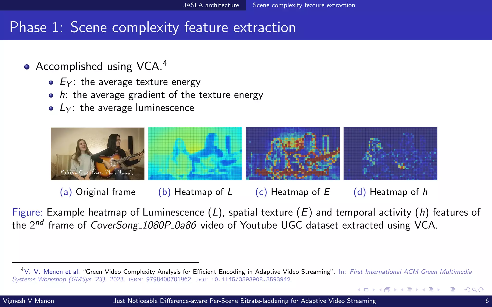 JASLA architecture Scene complexity feature extraction
Phase 1: Scene complexity feature extraction
Accomplished using VCA.4
EY : the average texture energy
h: the average gradient of the texture energy
LY : the average luminescence
(a) Original frame (b) Heatmap of L (c) Heatmap of E (d) Heatmap of h
Figure: Example heatmap of Luminescence (L), spatial texture (E) and temporal activity (h) features of
the 2nd
frame of CoverSong 1080P 0a86 video of Youtube UGC dataset extracted using VCA.
4
V. V. Menon et al. “Green Video Complexity Analysis for Efficient Encoding in Adaptive Video Streaming”. In: First International ACM Green Multimedia
Systems Workshop (GMSys ’23). 2023. isbn: 9798400701962. doi: 10.1145/3593908.3593942.
Vignesh V Menon Just Noticeable Difference-aware Per-Scene Bitrate-laddering for Adaptive Video Streaming 6
 