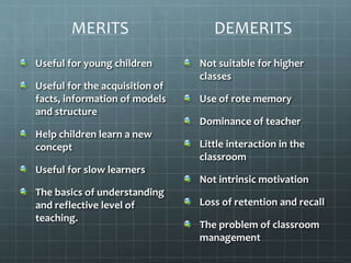 Useful for young children
Useful for the acquisition of
facts, information of models
and structure
Help children learn a new
concept
Useful for slow learners
The basics of understanding
and reflective level of
teaching.
Not suitable for higher
classes
Use of rote memory
Dominance of teacher
Little interaction in the
classroom
Not intrinsic motivation
Loss of retention and recall
The problem of classroom
management
MERITS DEMERITS
 