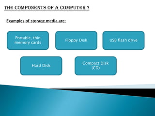  CommunicationThe components of a computer ?What is an input device ?Hardware used to enter data and instructions.What is and output device ? Hardware that conveys information to one or more people.What is a system Unit ?Case containing electronic components used to process data.The components of a computer ?What are the two main components on the motherboard ?Central Processing Unit (CPU)* Also called as processor.Memory