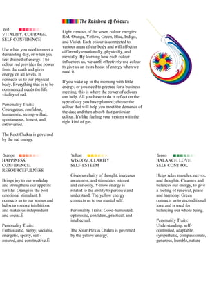 VITALITY, COURAGE,
SELF CONFIDENCE
Use when you need to meet a
demanding day, or when you
feel drained of energy. The
colour red provides the power
from the earth and gives
energy on all levels. It
connects us to our physical
body. Everything that is to be
commenced needs the life
vitality of red.
Personality Traits:
Courageous, confident,
humanistic, strong-willed,
spontaneous, honest, and
extroverted.

Light consists of the seven colour energies:
Red, Orange, Yellow, Green, Blue, Indigo,
and Violet. Each colour is connected to
various areas of our body and will affect us
differently emotionally, physically, and
mentally. By learning how each colour
influences us, we canÊ effectively use colour
to give us an extra boost of energy when we
need it.
If you wake up in the morning with little
energy, or you need to prepare for a business
meeting, this is where the power of colours
can help. All you have to do is reflect on the
type of day you have planned; choose the
colour that will help you meet the demands of
the day; and then absorb that particular
colour. It's like fueling your system with the
right kind of gas.

The Root Chakra is governed
by the red energy.

HAPPINESS,
CONFIDENCE,
RESOURCEFULNESS
Brings joy to our workday
and strengthens our appetite
for life! Orange is the best
emotional stimulant. It
connects us to our senses and
helps to remove inhibitions
and makes us independent
and social.Ê
Personality Traits:
Enthusiastic, happy, sociable,
energetic, sporty, selfassured, and constructive.Ê

WISDOM, CLARITY,
SELF-ESTEEM

BALANCE, LOVE,
SELF CONTROL

Gives us clarity of thought, increases
awareness, and stimulates interest
and curiosity. Yellow energy is
related to the ability to perceive and
understand. The yellow energy
connects us to our mental self.

Helps relax muscles, nerves,
and thoughts. Cleanses and
balances our energy, to give
a feeling of renewal, peace
and harmony. Green
connects us to unconditional
love and is used for
balancing our whole being.

Personality Traits: Good-humoured,
optimistic, confident, practical, and
intellectual.
The Solar Plexus Chakra is governed
by the yellow energy.

Personality Traits:
Understanding, selfcontrolled, adaptable,
sympathetic, compassionate,
generous, humble, nature

 