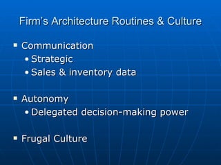 Firm’s Architecture Routines & Culture Communication Strategic Sales & inventory data Autonomy Delegated decision-making power Frugal Culture 