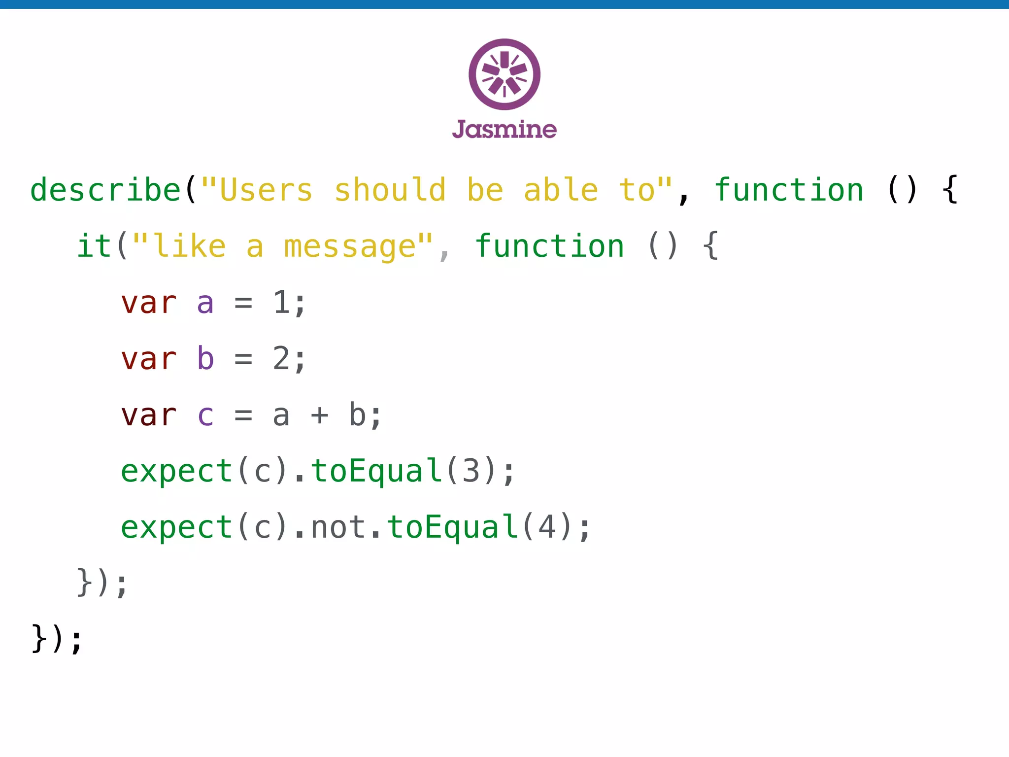describe("Users should be able to", function () {
it("like a message", function () {
var a = 1;
var b = 2;
var c = a + b;
expect(c).toEqual(3);
expect(c).not.toEqual(4);
});
});
 