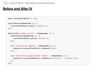 https://github.com/pivotal/jasmine/wiki


Before and After IV
 