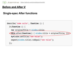 https://github.com/pivotal/jasmine/wiki


Before and After V

Single-spec After functions
 