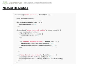 https://github.com/pivotal/jasmine/wiki


Nested Describes
 