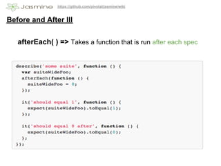 https://github.com/pivotal/jasmine/wiki


Before and After III

   afterEach( ) => Takes a function that is run after each spec
 